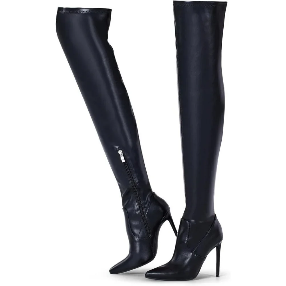 Women Black Matte Suede Pointed Toe 4.3 inch Stilettos Thigh High Heels Boots
